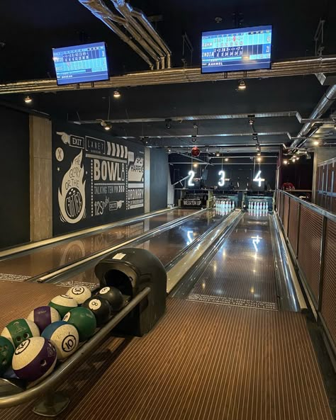 #bowling #birmingham #lane7 Indoor Bowling Alley Home, Bowling Alley In House, Modern Bowling Alley, Bowling Room, Indoor Bowling Alley, Candlepin Bowling, Billiards Room Decor, Alley Ideas, Home Bowling Alley