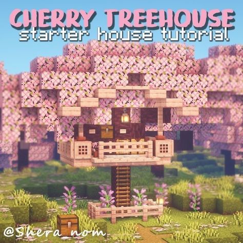 Cute Minecraft Cow Pen, Cherry Treehouse Minecraft, Cute Things To Build In Minecraft For Your Girlfriend, Cute Buildings In Minecraft, Kidcore Minecraft Builds, Simple Cherry Blossom House Minecraft, Cute Minecraft Houses Cherry Blossom, Fairycore Minecraft Builds Vanilla, Minecraft Cherry Tree House