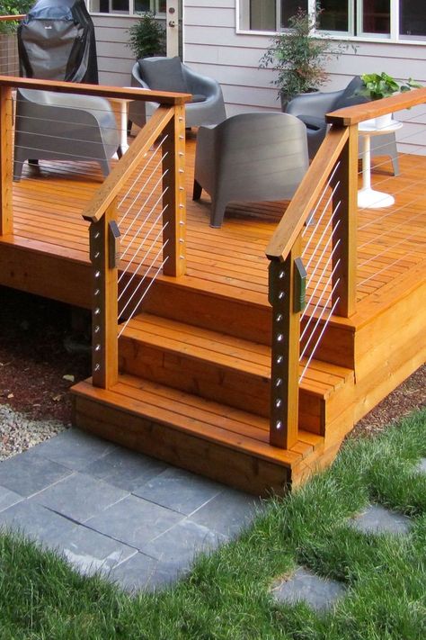 Wood Cable Railing Deck, Hand Rail Ideas Outdoor Wood, Wood And Cable Deck Railing, Deck Handrail Ideas Wood, Deck Hand Rails Ideas, Porch Wire Railing, Wood And Wire Railing, Wood Deck With Cable Railing, Chicken Wire Deck Railing