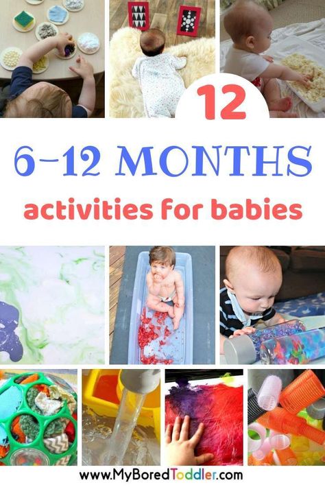 12 activities for babies 6-12 months - My Bored Toddler 7 Month Old Activities, 8 Month Old Activities, Months Activities, 6 Month Baby Activities, Baby Activities 1 Year, Activities For Babies, Baby Development Activities, Baby Sensory Play, Baby Play Activities