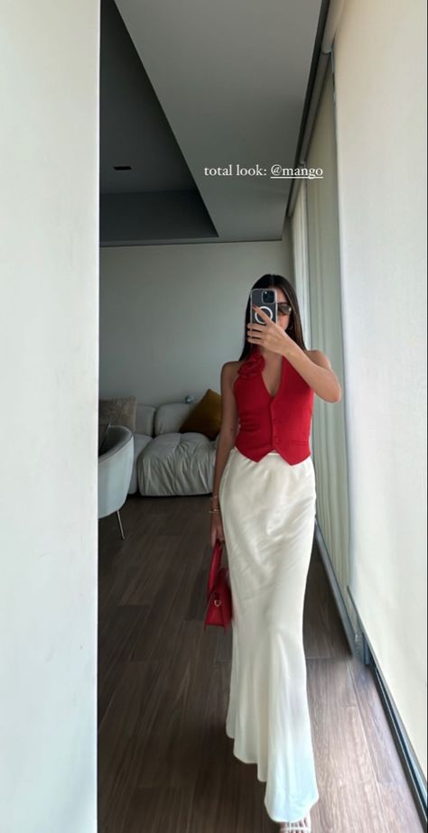 lailanysota Summer Outfit Elegant, Red Vest Outfit, Red Runway, Red And White Outfits, White Skirt Outfits, Outfit Elegant, White Maxi Skirt, Outfits For Summer, Elegant Outfit Classy