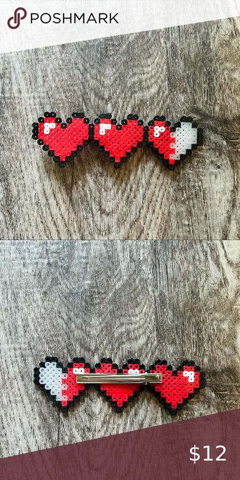 Legend of Zelda hearts hairclip gamer handmade perler beads Perler Hair Accessories, Perler Bead Hair Accessories, Gamer Perler Beads, Perler Hair Clip, Perler Bead Hair Clip, Perler Heart, Zelda Perler Beads, Zelda Perler, Geek Christmas