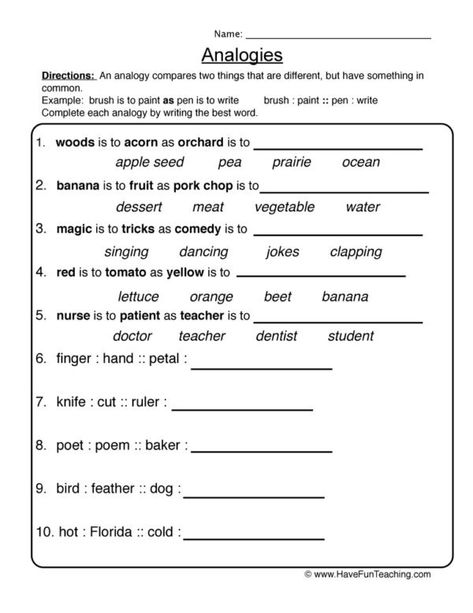 Analogies - Have Fun Teaching 6th Grade English Worksheets, Analogies Worksheet, Analogies Activities, Summarizing Worksheet, 6th Grade English, Free English Worksheets, 6th Grade Reading, Have Fun Teaching, Word Bank