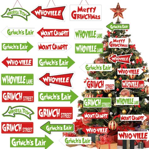 PRICES MAY VARY. Unique Design: These Christmas tree ornaments are available in 6 different designs, and can be combined with whoville sign elements. Well designed signs are instantly recognisable, and they make a great choice for Christmas tree decorations. Our Christmas tree ornaments are eye-catching and attention-grabbing, and can also be used as photo booth props. Excellent Material: These Christmas tree ornaments are made of high quality cardboard, which is lightweight and reusable. Our ca Whoville Christmas Decorations, Grinch Sign, Grinch Trees, Grinch Christmas Party, Whoville Christmas, Grinch Christmas Tree, Grinch Christmas Decorations, Grinch Ornaments, Paper Christmas Ornaments