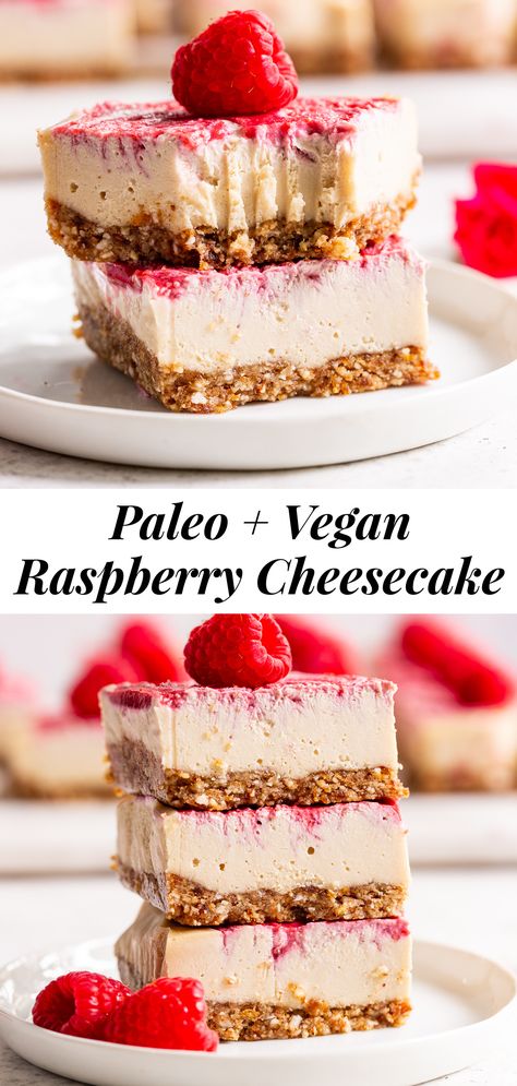 No-Bake Raspberry Cheesecake Bars {Paleo, Vegan} Paleo Dessert Bars, Raw Paleo Dessert, Healthy Raspberry Cheesecake, Vegan Cashew Dessert, Whole 30 Cheesecake, Paleo Cheesecake Recipes, Paleo No Bake Cheesecake, Raspberry Desserts Vegan, Vegan Cheesecake Bars