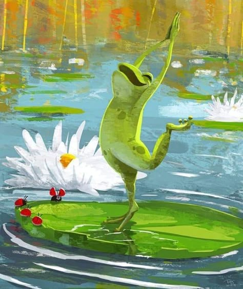 Funny Frog Painting, Frog Mural, Frog Reference, Pond Illustration, Duck Illustration, Frog Pond, Beach Drawing, Forest Core, Fairy Forest