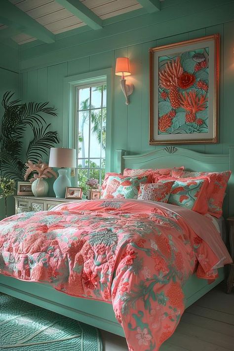 Get inspired by these dreamy pink coastal bedroom ideas. Transform your space with soft pink hues, coastal decor, natural textures, serene ambiance, beachy bedroom accents, chic furniture, and cozy aesthetics. Perfect for those who love aesthetic beach vibes at home. Save these ideas for your next room makeover! #CoastalDecor #BeachyBedroom #PinkBedroom #CoastalBedroom #PinkCoastalBedroom Coral And Teal Bedroom, Island Vibes Aesthetic, Bedroom Ideas Beachy, Pink Coastal Bedroom, Myers House, Cozy Aesthetics, Bedroom Accents, Mint Bedroom, Bedroom Chic