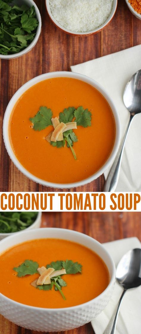 Coconut Tomato Soup Tomato Coconut Soup, Peach Delight, Pecan Crust, Quick Soup, Pecan Cheesecake, Frugal Mom, Coconut Soup, Red Lentils, Soup Recipes Slow Cooker