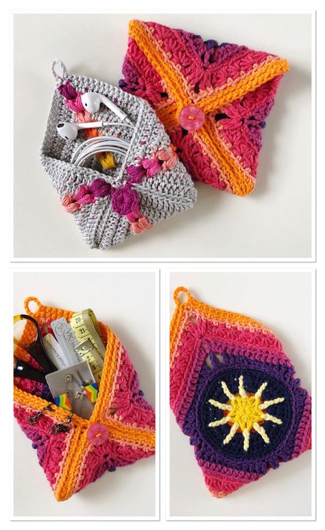 Crochet Pouch Tutorial. – Vivid Kreations Crocheted Purses, Crochet Pocket, Confection Au Crochet, Pouch Tutorial, Crochet Pouch, Crochet Buttons, Crochet Granny Square, Crochet Diy, Crochet Square