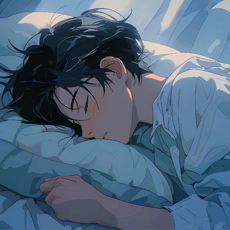 Sleeping Profile Picture, Anime Guy Sleeping, Anime Sleeping, Night Bed, Anime Core, Sleeping Pose, Sleeping Man, Sleeping Boy, Bed Sleeping