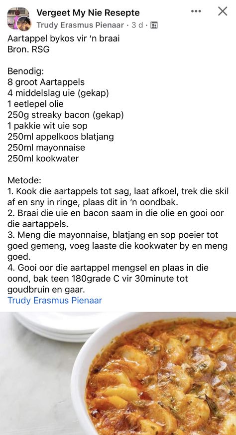 Aartappel Resepte, Vegetable Dishes Recipes, Simple Ingredient Recipes, Pork Chop Recipes Baked, Bake Sale Recipes, Macaroni Recipes, Potato Bake, Veg Dishes, Best Bread Recipe