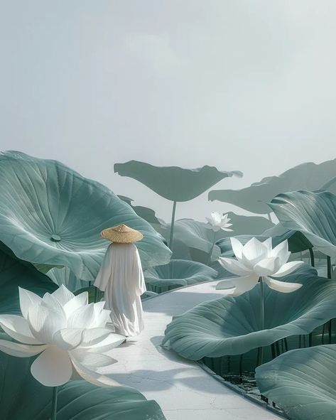 The image is a beautiful landscape of a pond with giant lotus leaves and flowers. A person wearing a conical hat is walking on a path through the pond ->> more details in ai-img-gen.com Giant Lotus, Conical Hat, 3d Blender, Lotus Art, Lotus Pond, Lotus Leaves, A Pond, Buddhist Temple, Real Estate Photography