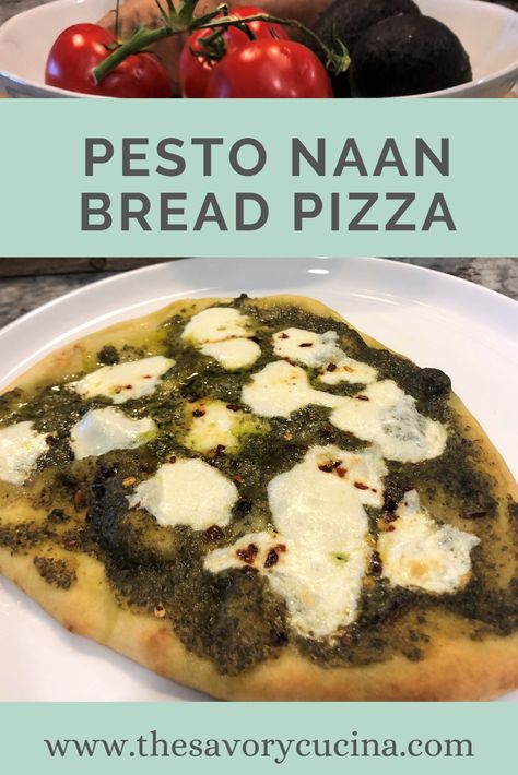 In the mood for pizza? Sick of getting takeout and don’t want to spend the time making your own dough? This Pesto Naan Bread Pizza is so yummy and takes no time to make. Nann Bread Pizza Recipes, Pesto Naan Flatbread, Naan Pizza Recipes Pesto, Basil Pesto Pizza Recipe, Pizza Calzone Recipe, Fresh Basil Pesto Recipe, Pesto Chicken Flatbread Pizza, Make Naan Bread, Pesto Pizza Recipe