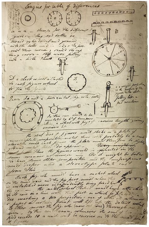 Early designs for a computation device. This is what journals are for. Science Journal Design, Astrophysics Notes, Analytical Engine, Darcy Lewis, Michio Kaku, Ada Lovelace, Chaotic Academia, Computer History, Lord Byron