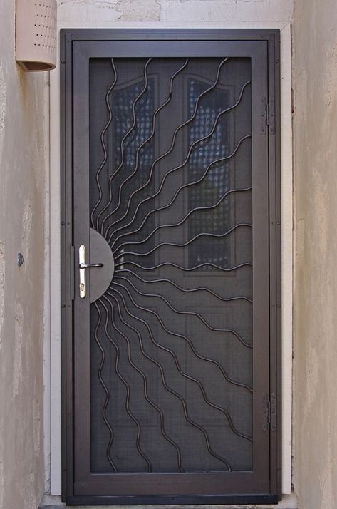 Sunray Handbent Security Screen Door - First Impression Ironworks Metal Screen Door Ideas, Security Door Design, Tor Design, Iron Security Doors, Porte In Ferro, Security Screen Door, Metal Doors Design, Steel Door Design, Grill Door Design