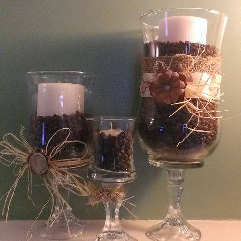 Coffee Themed Centerpieces Table Decorations, Coffee Bean Crafts Diy Projects, Crafts With Coffee Beans, Coffee Centerpieces, Coffee Bean Decor, Coffee Decorations, Coffee Baby Shower, Fall Reception, Coffee Cup Candles