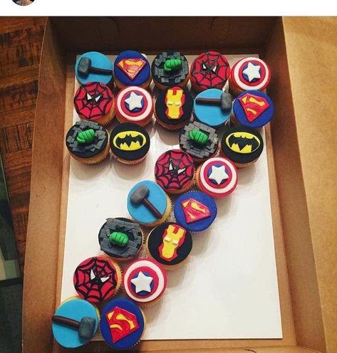 Marvel Avengers Cupcakes, Avengers Birthday Cupcakes, Superhero Number Cake, Superhero Cupcake Cake, Marvel Theme Cake, Super Hero Cupcakes, Marvel Cupcakes, Avengers Cupcakes, Superhero Birthday Party Food