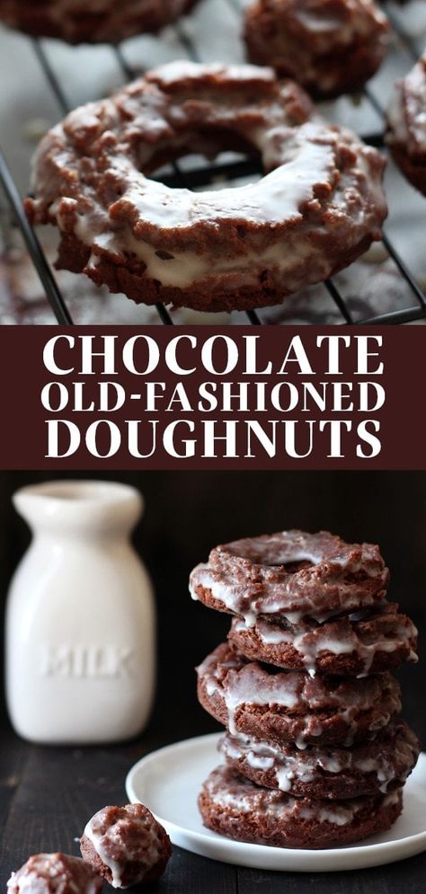 Homemade Chocolate Old-Fashioned Doughnuts are coated in glaze and taste just like the cakey ones at your favorite bakery! No yeast makes this fried recipe simple. #oldfashioneddonut #sourcreamdoughnut #oldfashioned Donuts Photography, Wallpaper Chocolate, Donat Glaze, Donuts Wallpaper, Classic Chocolate Cake, Donuts Donuts, Baked Donut Recipes, Glazed Donuts, Donuts Recipe