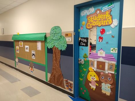 Animal Crossing theme classroom decoration, classroom door Animal Crossing Classroom Ideas, Classroom Animal Crossing, Nintendo Classroom Theme, Animal Crossing Themed Room, Door Decorations Classroom Kindergarten, Animal Crossing Classroom Theme, Ra Floor Decorations, College Door Tags, Animal Crossing Bulletin Board