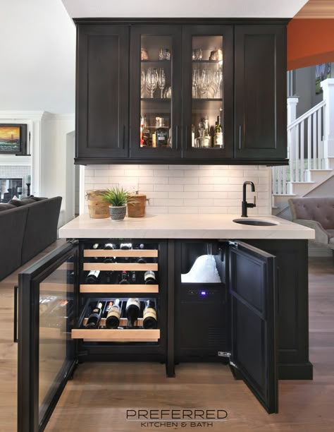 Sleek bar area with built in wine fridge and ice maker Built In Bar With Ice Maker, Kitchen Bar With Ice Maker, Ice Maker Built In, Cabinet With Mini Fridge Bar Areas, Dry Bar With Ice Maker, Wet Bar Ice Maker, Wet Bar With Ice Maker, Beverage Station With Ice Maker, Coffee Wine Bar Built In