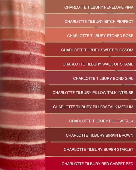 Charlotte Tilbury Lipstick Shades, Charlotte Tilbury Swatches, Brown Lipstick Swatches, Charlotte Tilbury Lipstick Swatches, Charlotte Tilbury Pillow Talk Medium, Charlotte Tilbury Lipstick Swatch, Lip Liner Drugstore, Olive Skin Lipstick, Pillow Talk Medium