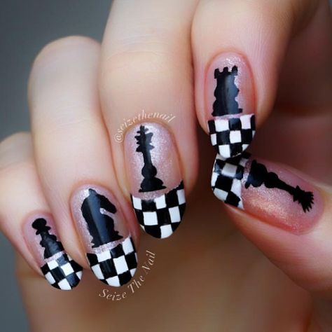 Chess Nails, Nails Games, Nerdy Nails, Chess Art, Wide Nails, Expensive Nails, Nails Inspired, Nails Fun, Nail Polish Art