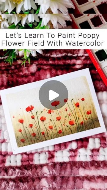 Watercolour Poppy Tutorial, Watercolor Poppy Flower, Easy Watercolor Cards, Poppy Watercolor Painting, Easy Watercolor Landscape, Watercolor Cakes, Watercolour Landscape Painting, Poppy Flower Painting, Watercolor Doodles