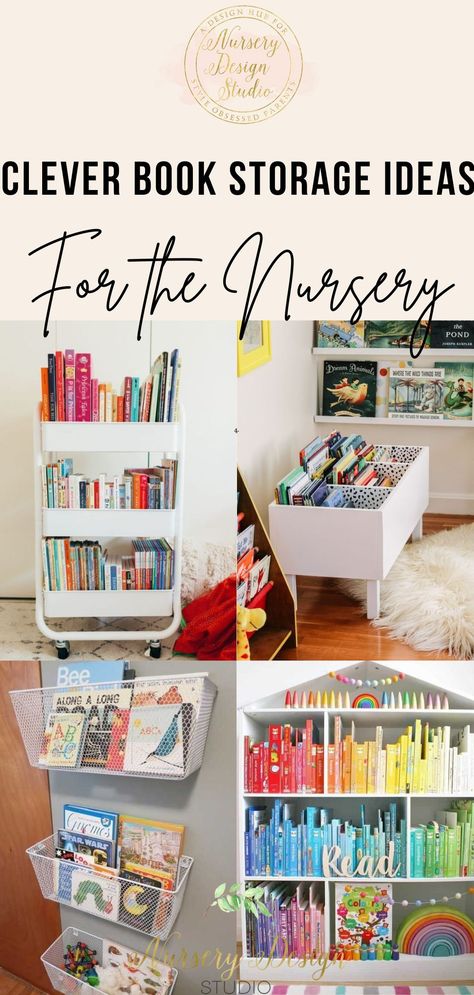 Ways To Store Books, Small Nursery Layout, Book Storage Small Space, Nursery Book Storage, Organizing Kids Books, Small Space Baby, Kids Chapter Books, Books Kids Room, Kids Book Storage