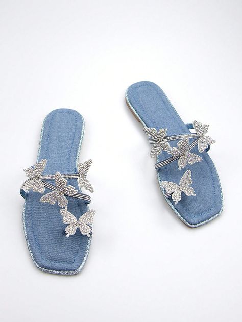 Blue  Collar     Embellished   Women Shoes Summer Flats 2023, Hawaiian Punch, Women Flat Sandals, Shoes Heels Classy, Butterfly Decor, Casual Indian Fashion, Ladies Sandals, Designer Flats, Heels Classy