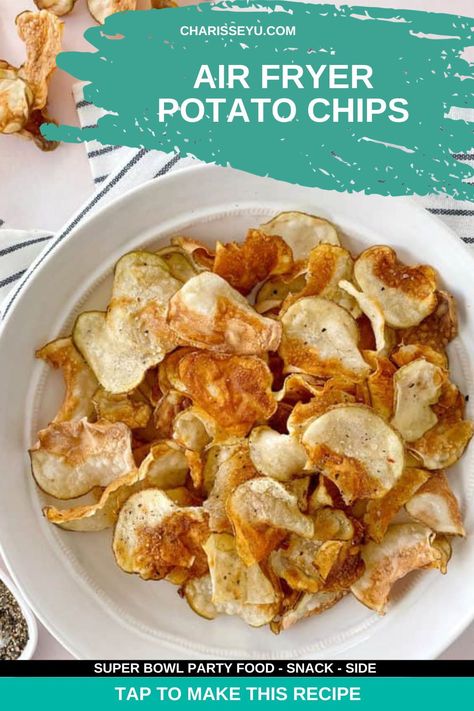 Fresh air fryer potato chips are a total game changer. It only takes about half an hour to make them and just 4 ingredients. Great as a super bowl snack or for a party Potato Chips In Air Fryer, Chips In The Air Fryer, Make Potato Chips, Crispy Potato Chips, Air Fryer Potato Chips, Potato Chip Flavors, Air Fryer Potato, Heavy Appetizers, Fried Potato Chips