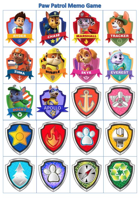 Paw Patrol - Pup-badge memo game Paw Patrol Pup Tags, Pow Patrol Birthday Theme, Paw Patrol Badges Printable Free, Paw Patrol Crafts, Paw Patrol Badge Printable, Birthday Party Games Ideas, Paw Patrol Party Printables, Paw Patrol Party Ideas, Paw Patrol Theme Party