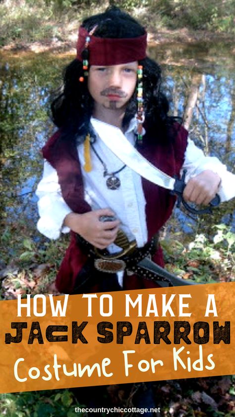 Make this Jack Sparrow Halloween costume with just a few thrift store finds! This kids Halloween costume is budget friendly and oh so cute! #halloween #halloweencostume #jacksparrow #pirates Jack Sparrow Costume Kids, Pirate Costume Kids Boys, Jack Sparrow Halloween Costume, Jack Sparrow Halloween, Costumes For Family, Halloween Diy Kids, Jack Sparrow Costume, Pirate Costume Kids, Pirate Costume Diy