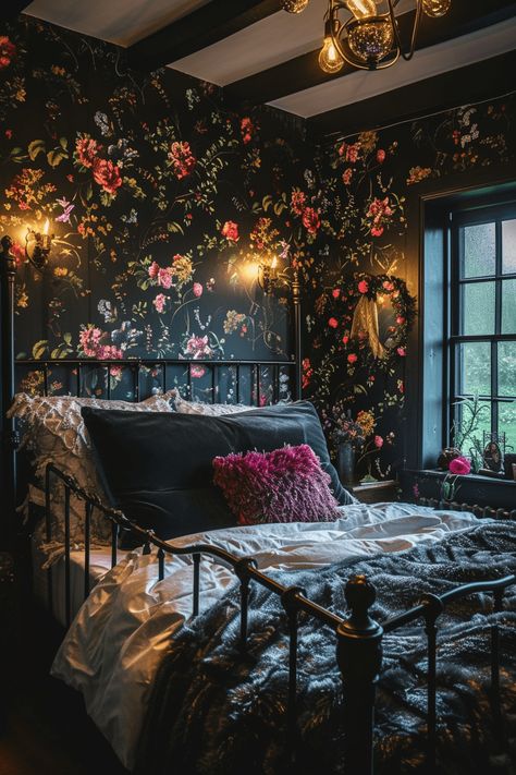 Goth Bedroom Ideas, Dark Stained Wood Floors, Spooky Room, Whimsy Goth Bedroom, Houses Inside, Dark Floral Wallpaper, Wrought Iron Bed Frames, Goth House, Fairytale Bedroom