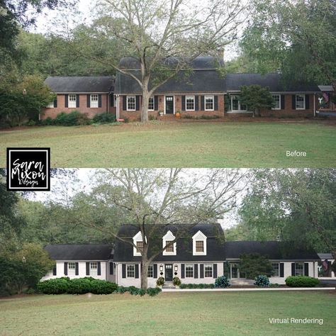 I love the power of paint! And adding dormers and new lights take this dated exterior to bright and elegant in a flash. Your ideas were spot on @sharonankerich . Thank you for letting me work on your beautiful home! #homedesign #virtualdesign #virtualexteriordesign #edesign #virtualrendering #homeexterior #curbappeal #beforeandafter #lakehartwell Add Dormers To House Before And After, Adding Dormers To A Ranch House, Adding Dormers To A House, Country Colonial, House Makeovers, House Before And After, Sunroom Designs, Virtual Design, Vintage Cottage