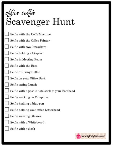 Free Printable Office Selfie Scavenger Hunt Game Business Scavenger Hunt Ideas, Staff Scavenger Hunt, Work Scavenger Hunt, Office Scavenger Hunt, Office Selfie, Kid Holiday Games, Selfie Scavenger Hunt, Housewarming Party Games, Housewarming Games