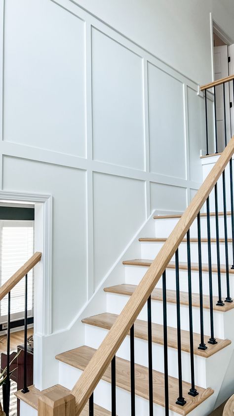 Tall Board And Batten Entryway, Board And Batten Up Stairs, Tall Batten Board Walls, Stair Wall Board And Batten, Board And Batten Down The Stairs, Stair Batten Board, Feature Wall Top Of Stairs, Wainscoting Under Stairs, Entryway Wall Molding Ideas