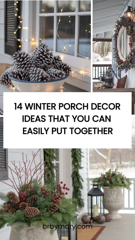 Winter Shepherds Hook Ideas, Snow Shovel Decor Winter, January Planter Ideas Front Porches, Small Porch Winter Decor, Decorate Front Of House, Outdoor Winter Pots Decorating Ideas, Seasonal Porch Decor, Christmas Deck Decorations, Winter Topiary Outdoor