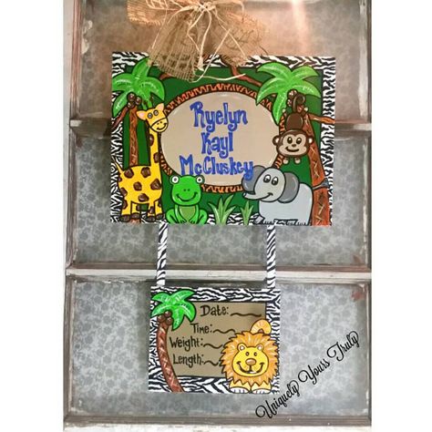 Check out this item in my Etsy shop https://www.etsy.com/listing/489660884/jungle-themed-baby-announcement-birth Baby Announcement Hospital, Birth Stats Sign, Hospital Door Hangers, Hospital Door, Baby Momma, Door Designs, Birth Stats, Wood Cut, Jungle Theme