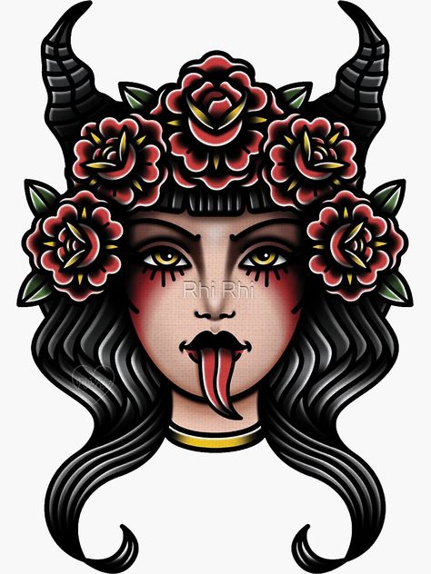 Spooky Stomach Tattoos, American Traditional Succubus Tattoo, Traditional Succubus Tattoo, Spooky Tattoos Traditional, Zombie Traditional Tattoo, Coraline Traditional Tattoo, Trad Woman Tattoo, Tradional Tattoo Women, Stomach Tattoos Traditional