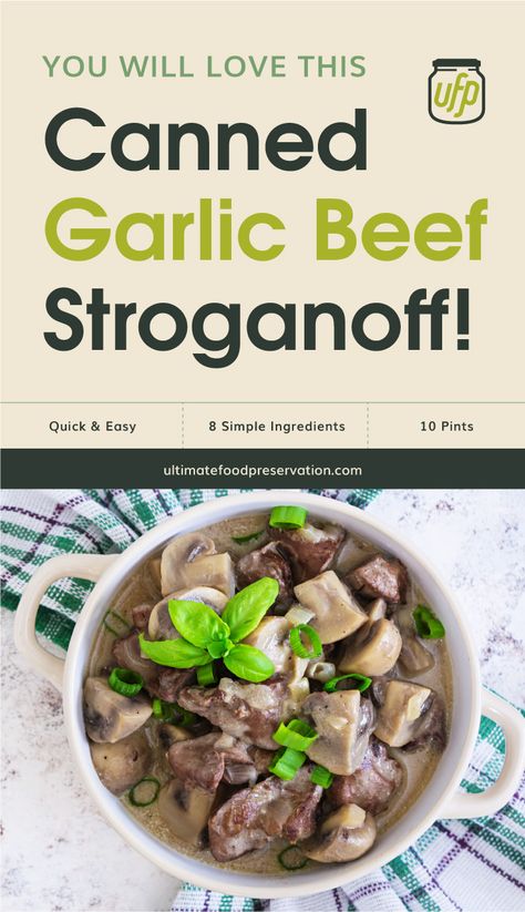 This Canned Garlic Beef Stroganoff will be an instant hit at your nexy family weekend dinner.This easy-to-can recipe has all the flavors of stroganoff that you love, made easier and more convenient for you. Just take out anytime you need some and you're all set. | Discover more baking recipes at ultimatefoodpreservation.com #easyrecipe #stroganoff #easycanningrecipes #foodpreservationideas #DIY Canning Beef Stroganoff, Canned Garlic, Canning Beef, Water Bath Canning Recipes, Homestead Recipes, Pressure Canning Recipes, Beef Stroganoff Recipe, Garlic Beef, Ground Beef Stroganoff