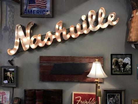 Nashville light up sign at the Barn Door Co Nashville Themed Room, Nashville Room Decor, Country Music Bedroom Theme, Nashville Inspired Decor, Country Music Room Decor, Nashville Decor Interior Design, Nashville Home Decor, Country Music Themed Room, Nashville Airbnb Decor