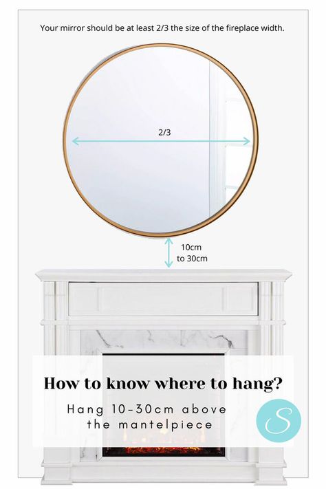 Hanging Mirror Over Fireplace, How High To Hang Mirror Over Fireplace, Round Mirror Above Fireplace Mantle, How Big Should A Mirror Be Over A Fireplace, Circle Mirror Over Fireplace, Fireplace Decor With Mirror, Over Mantle Decor, Round Mirror Mantle, Round Mirror Fireplace