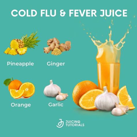 Juicing Tutorials on Instagram: "Try this juice recipe to help when you’re suffering from a cold,fever, or the flu. This juice recipe has so many of the nutrients that are essential for boosting your immune system, reducing inflammation, and helping sore throat. Ingredients: 1/4 Pineapple 1 Orange 1 Clive Garlic 1 inch Ginger This drink’s ingridients will surely work wonders, such as pineapple, has anti-inflammatory effects might ease those painful muscles and joints which can surely help w Healthy Juicer Recipes, Fever Relief, Reducing Inflammation, Juicer Recipes, Juicing For Health, Juice Recipe, Sore Throat, Healthy Juices, Healing Power