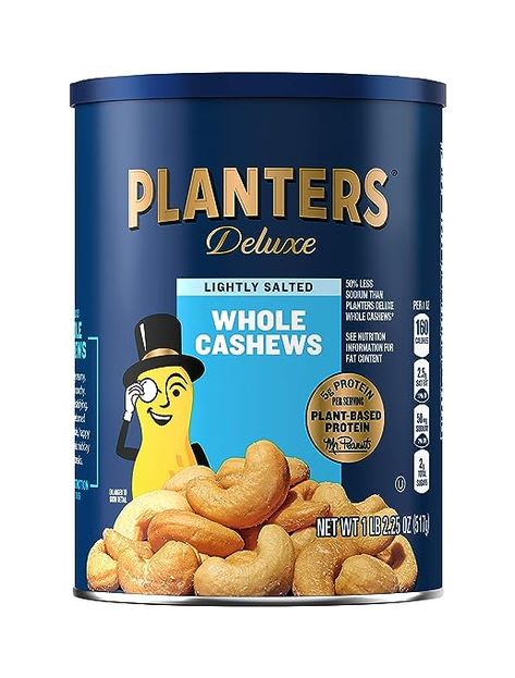 9.40 PLANTERS Deluxe Lightly Salted Whole Cashews, Party Snacks, Plant-Based Protein 18.25oz Hormel Recipes, Salted Nuts, Wholesome Snacks, Snack Craving, Roasted Cashews, Roasted Nuts, Peanut Oil, Honey Roasted, Salty Snacks