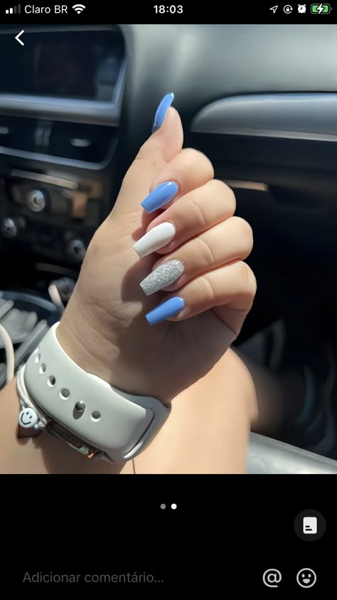 College Nails, Blue And Silver Nails, Blue And White Nails, Blue Glitter Nails, Blue Acrylic Nails, Acrylic Nails Coffin Short, Silver Nails, Minimalist Nails, Short Acrylic Nails