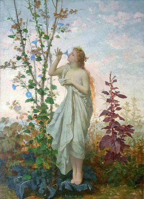 Jean Louis Hamon - Aurora in white toga smelling a flower. Goddess of Dawn Mythology scene For Sale at 1stDibs Aurora Goddess, Smelling Flowers, William Adolphe Bouguereau, Flowers In Her Hair, Pre Raphaelite, Oil Painting Portrait, Classical Art, Ethereal Art, Art Plastique