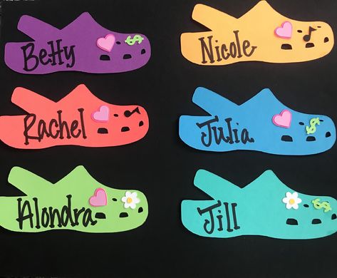 Croc Door Tags RA Reslife Residents Assistant Easy Simple Cute Croc Door Decs, Door Decs Dorm, Cubby Tag Ideas, Summer Cubby Tags Preschool, Croc Bulletin Board, Door Decks Ra, Dorm Tags Ra Door Decs, Summer Door Decs Ra, Easy Door Decs Ra