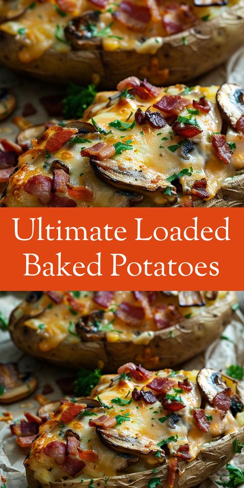 Enjoy the ultimate comfort food with these Loaded Baked Potatoes. Filled with sour cream, bacon, cheese, and veggies! Oven Baked Loaded Potatoes, Loaded Baked Potato Recipes Oven, Veggie Loaded Baked Potato, Bake Potato Recipes Stuffed, Loaded Baked Potato Dinner, Loaded Baked Potato Recipes, Baked Potato Ideas, Loaded Potato Slices, Baked Potato Loaded