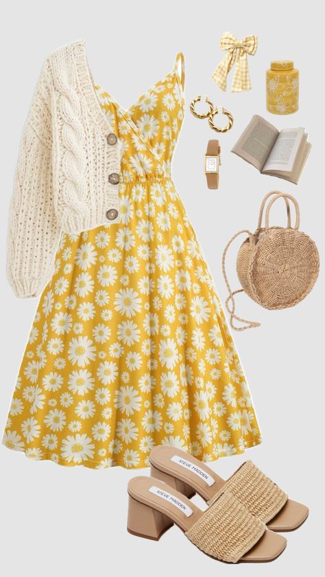 #sundress #dress #yellow #modestfashion #vintage #beauty #aesthetic #cardigan #churchoutfit #summer #outfit #spring #easter #outfitinspo #beach #vacationoutfits Summer Church Outfit, Aesthetic Cardigan, Woman Tips, Business Casual Outfit, Modesty Outfits, Church Outfit, Cute Modest Outfits, Beauty Aesthetic, Sundress Dress