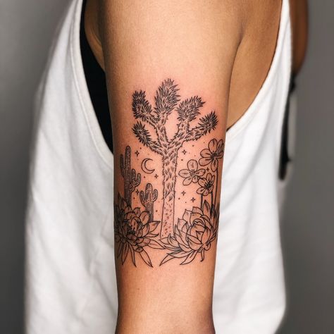 Desert Plant Tattoo, Desert Tattoos For Women, Desert Tattoo Sleeve, Desert Scene Tattoo, Desert Landscape Tattoo, Desert Flower Tattoo, Desert Tattoo Ideas, Desert Tattoos, Joshua Tree Tattoo